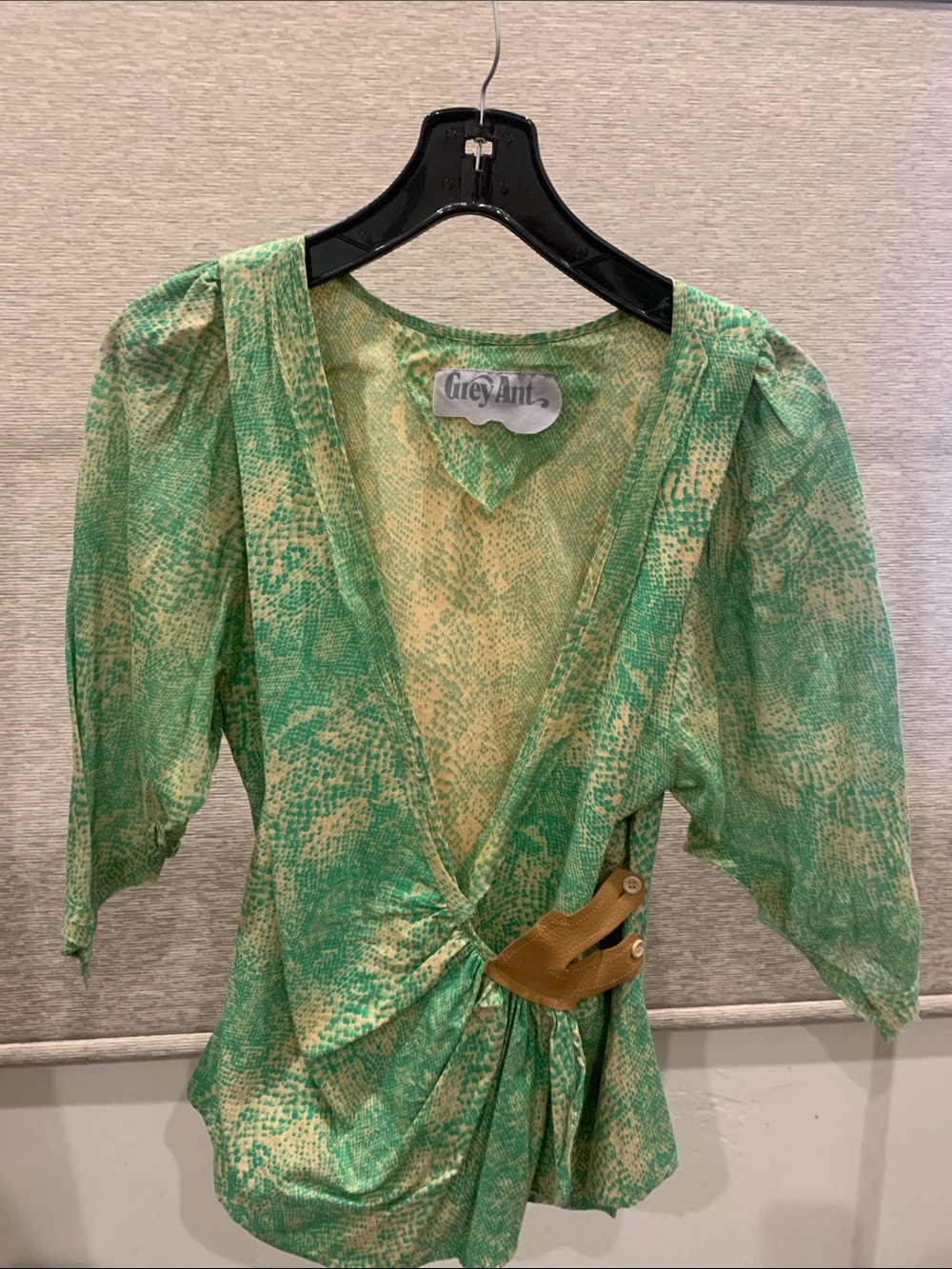 Grey Ant Green Snake-Print Wrap Blouse with Tan Buckle